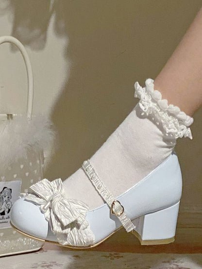 Blue&White Beaded Decorated Bow at Top 2.5CM/5CM Block Heels Round Toe Shoes