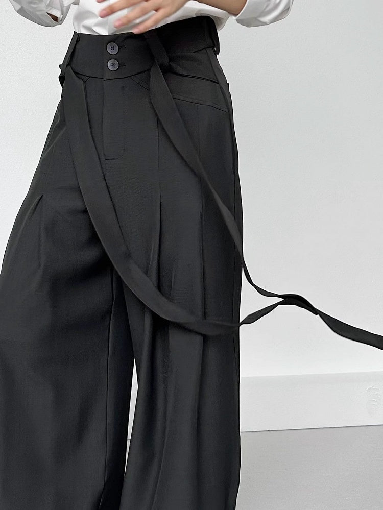 Ouji Lolita Dark Green Wide-Leg Pants with Two-Button Fly & Side Ribbons