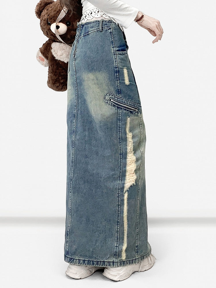 Blue Distressed Holes Details Slit Denim Skirt