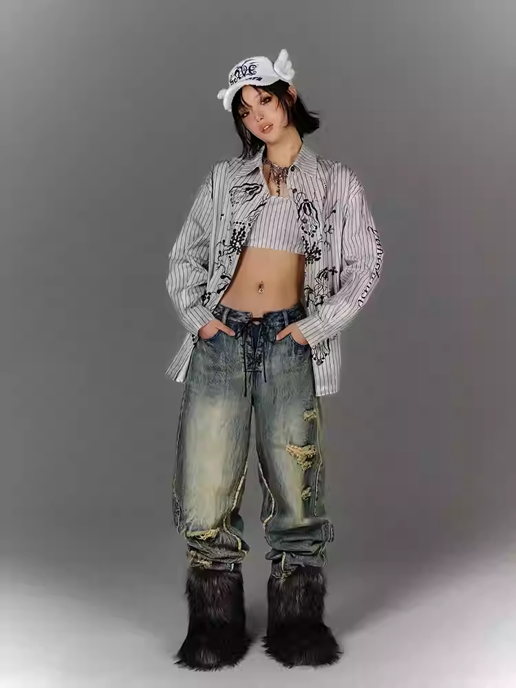 Blue Low Waist Faded Wash Distressed Holes Vintage Jeans with Lace-up Closure