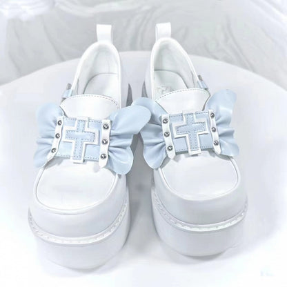 Punk Cross Wings White and Blue Jirai Kei Platforms High Block Heel