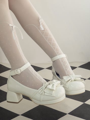Bow at Top White Round Toe Sweet Mary Janes Ankle Strap