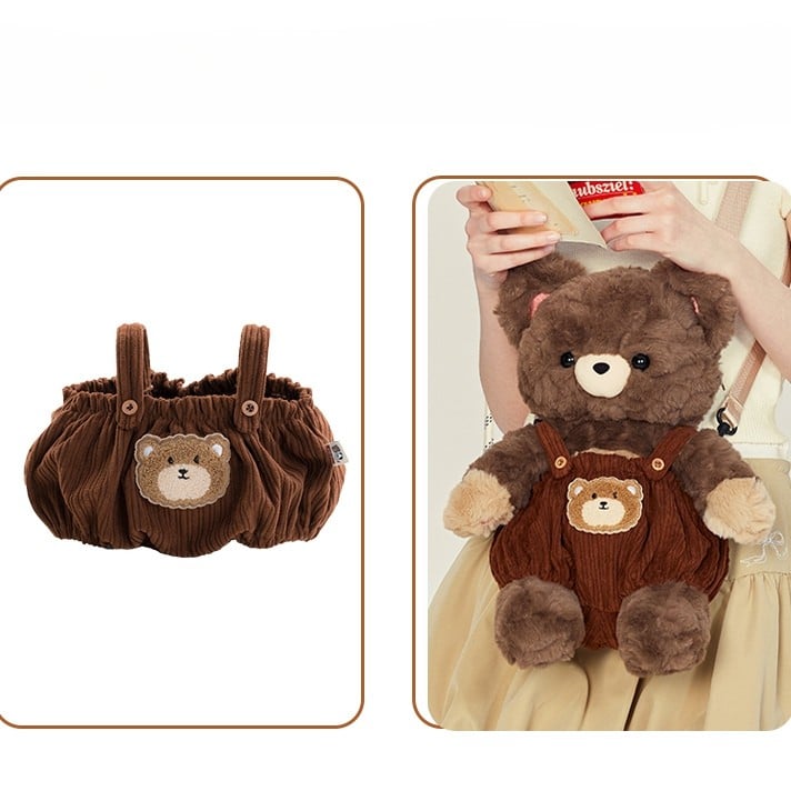 Chocolate Brown Cute Plush Bear Backpack + Overall Pants Middle/Large Size
