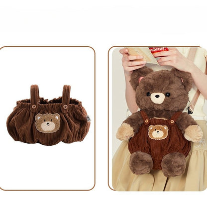 Chocolate Brown Cute Plush Bear Backpack + Overall Pants Middle/Large Size
