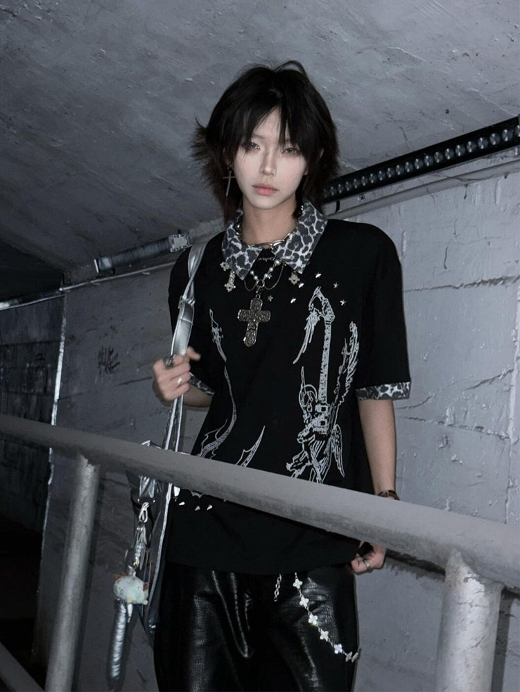 Y2K T-Shirt with Leopard Patchwork and Cross Print