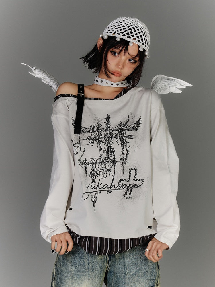 Y2K Apricot Asymmetrical Neckline Buckle Strap Glamorous Graphic Top