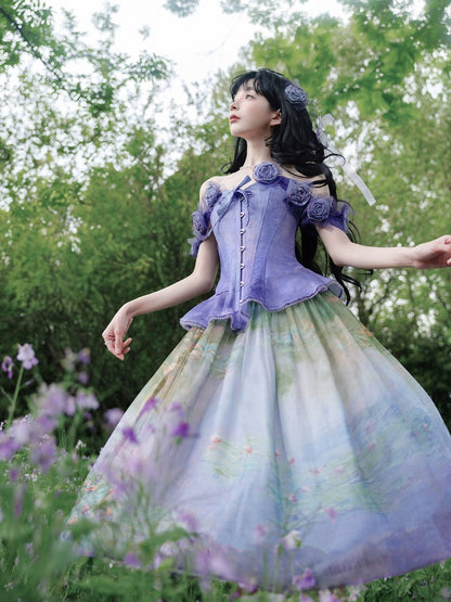 Purple Flounce Hem Boned Corset Top with Detachable Floral Adornments