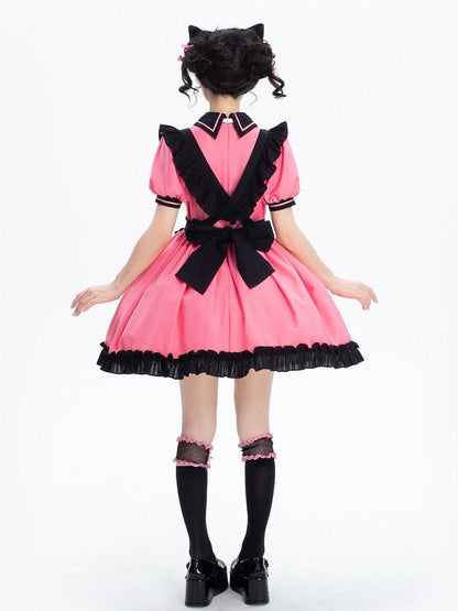 Pink and Black Kitty Maid Lolita Short Puff Sleeves Dress + Black Apron