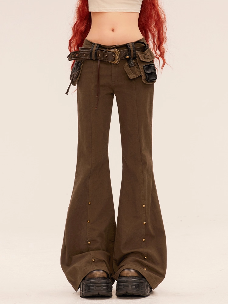 Brown Low Waist Studded Cuffs Flared Pants with Buckle Belt