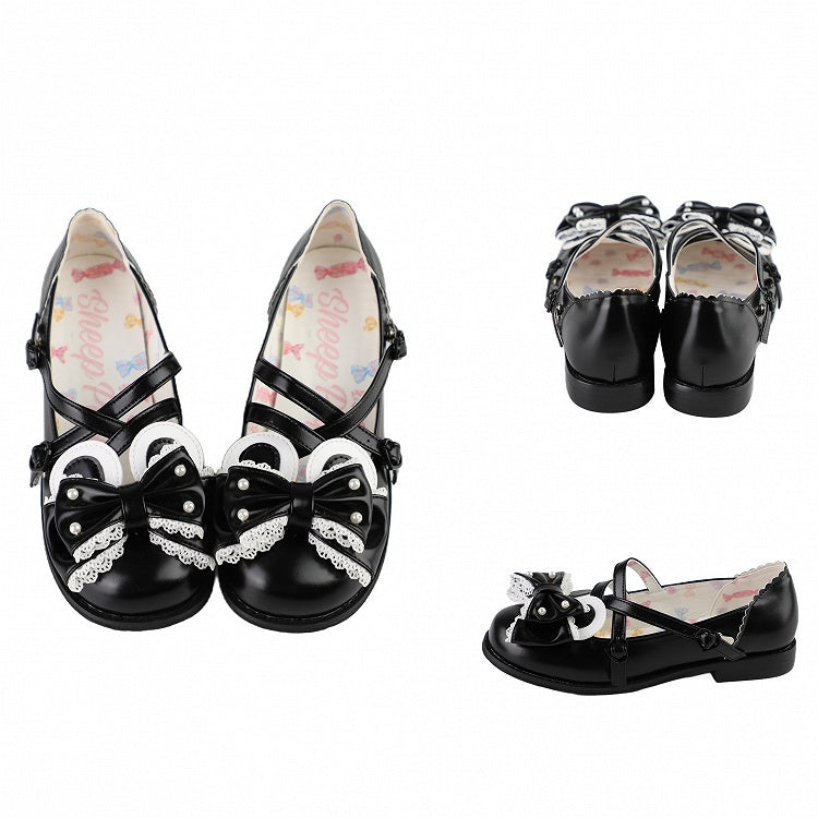 Black Beaded Decorated Bow at Top Crisscross Design Bunny Ear Lolita Shoes