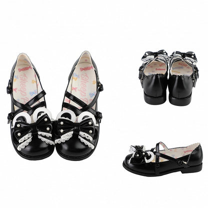 Black Beaded Decorated Bow at Top Crisscross Design Bunny Ear Lolita Shoes