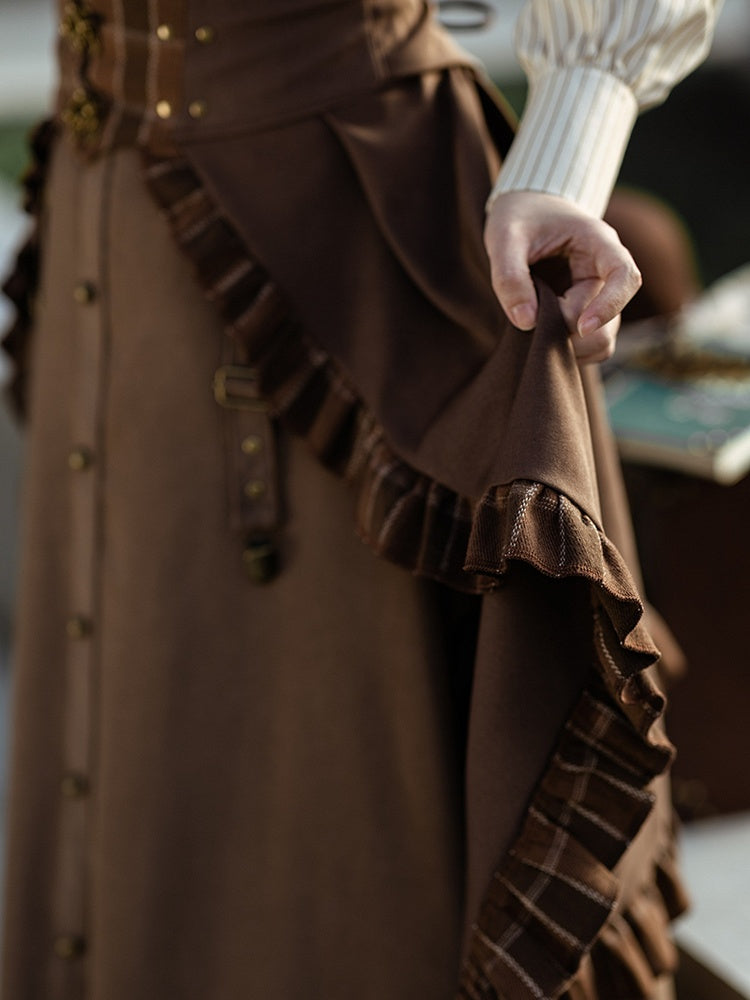 Steampunk Dark Brown Plaid Pattern Ruffled Hem Train