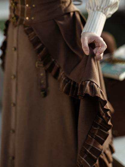 Steampunk Dark Brown Plaid Pattern Ruffled Hem Train