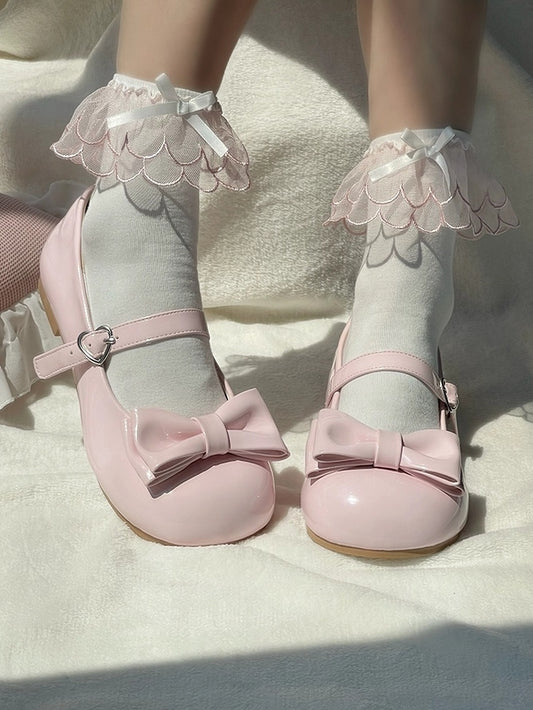 Light Pink Mary Janes for Lolita Fashion - Round Toe with Heart Clasp & Decorative Bow