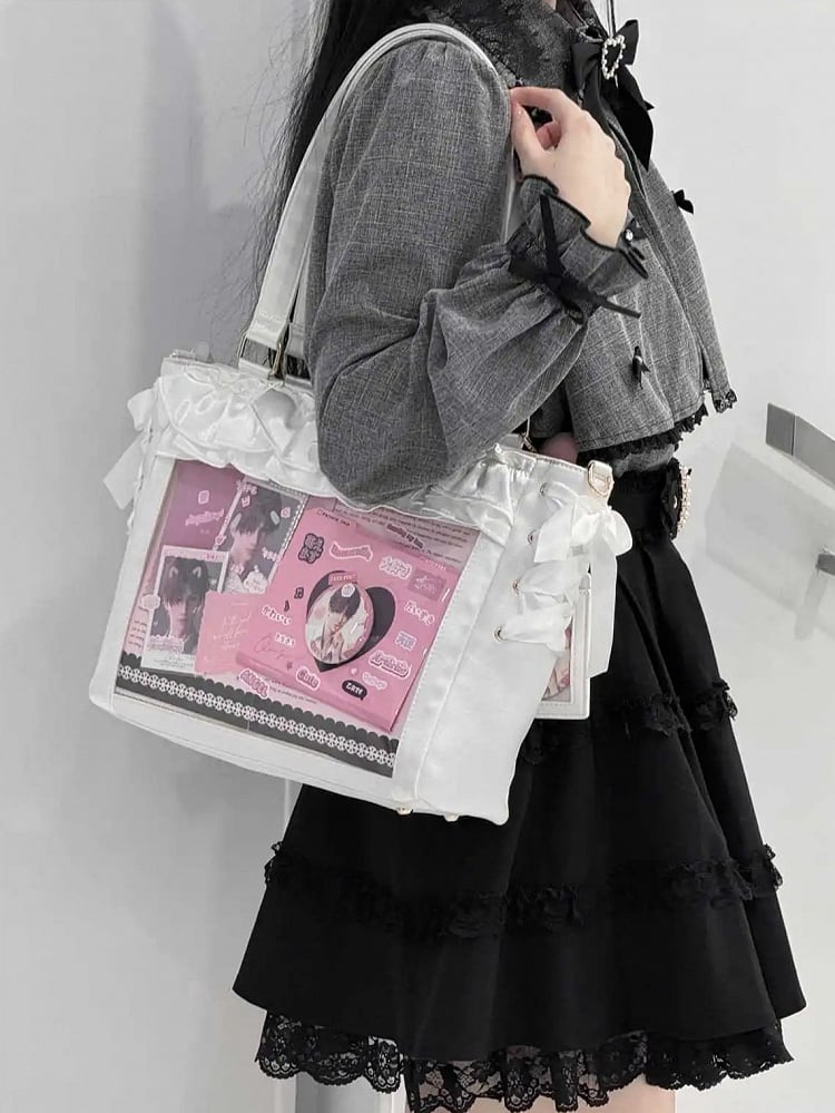 White Satin Ruffle Trims Self-tie Straps Ita Bag With Bow Card Holder