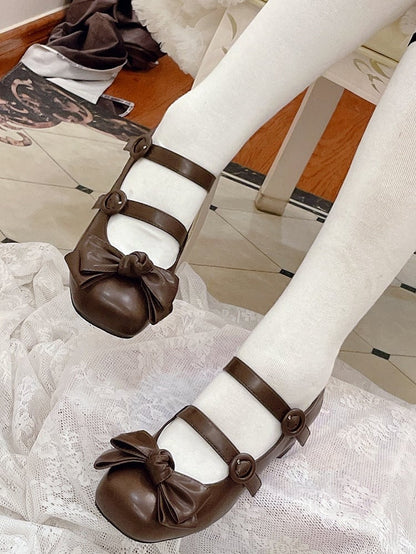 Bow Accents Sweet Brown Buckle Straps Shoes Princess Low Heels