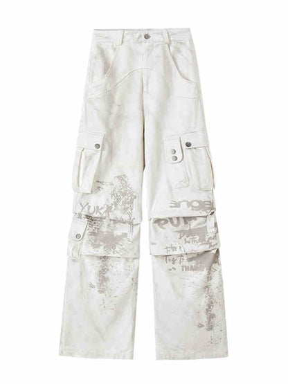 Punk White Distressed Streetwear Wide Leg Cargo Jeans