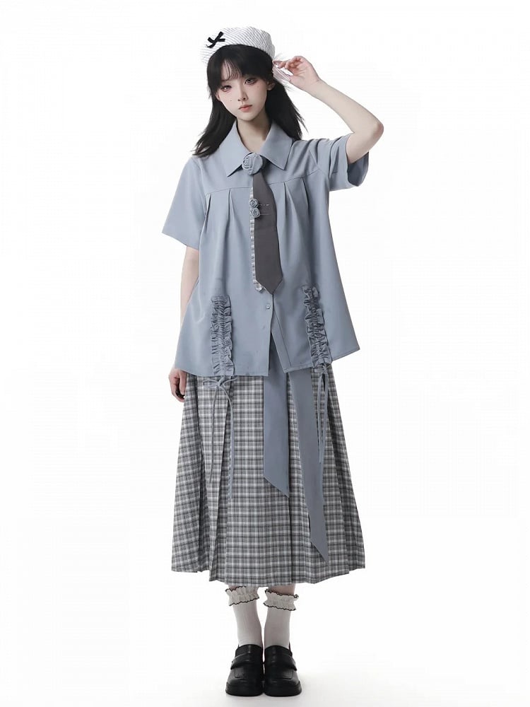 Dusty Blue Ruffle Trim Drawstring Details Preppy Style Loose Shirt