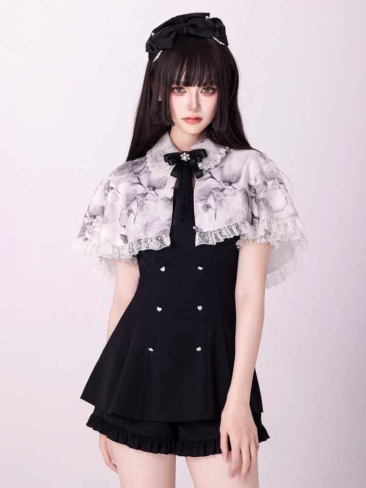 Jirai Kei Three Pieces Set Short Puff Sleeves Top Black Shorts and Grey Floral Print Cape
