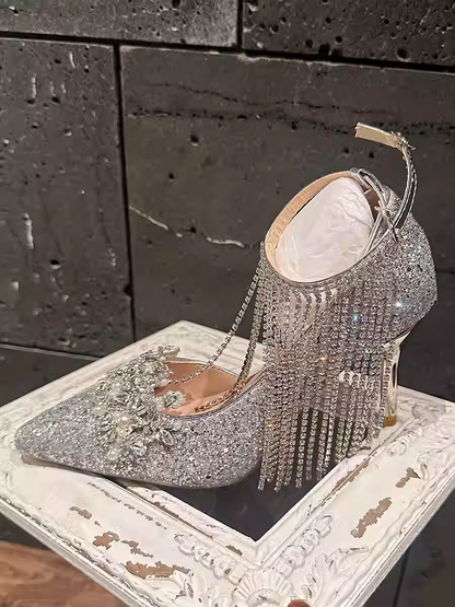 Silver Pointed Toe Rhinestone Sequin High Heels with Tassel