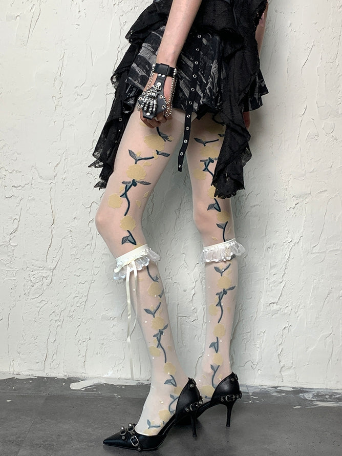 White Y2K Polka-dot Pattern Ruffles Trim Self-tie Strap Under-knee Stockings