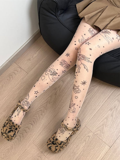 Nude Cupid Print Tights