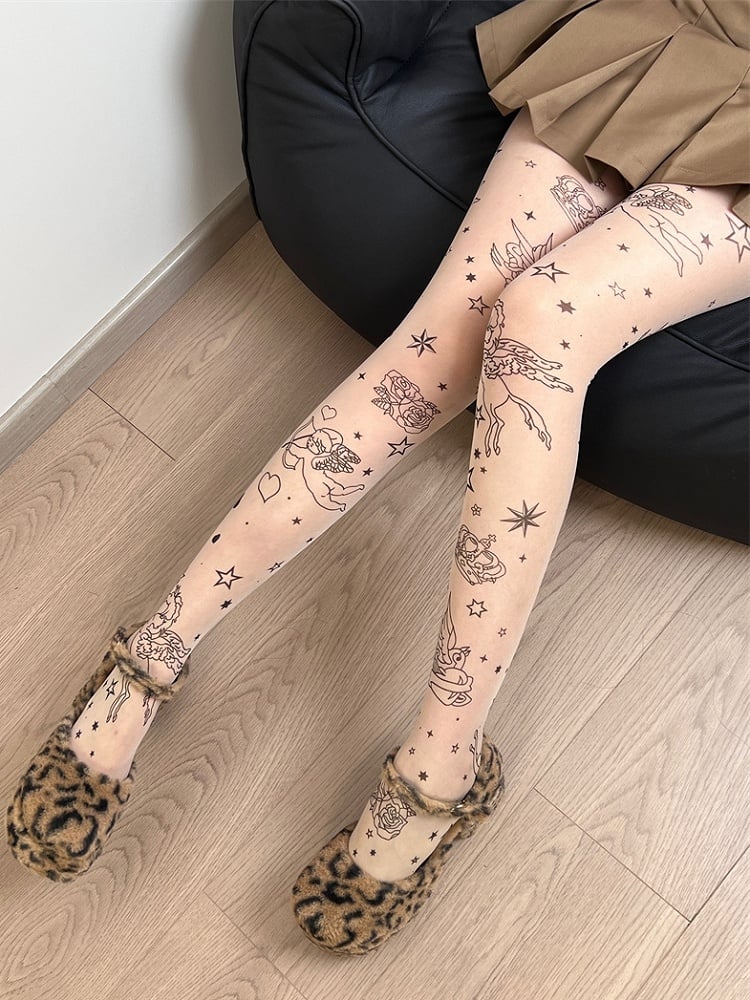 Nude Cupid Print Tights