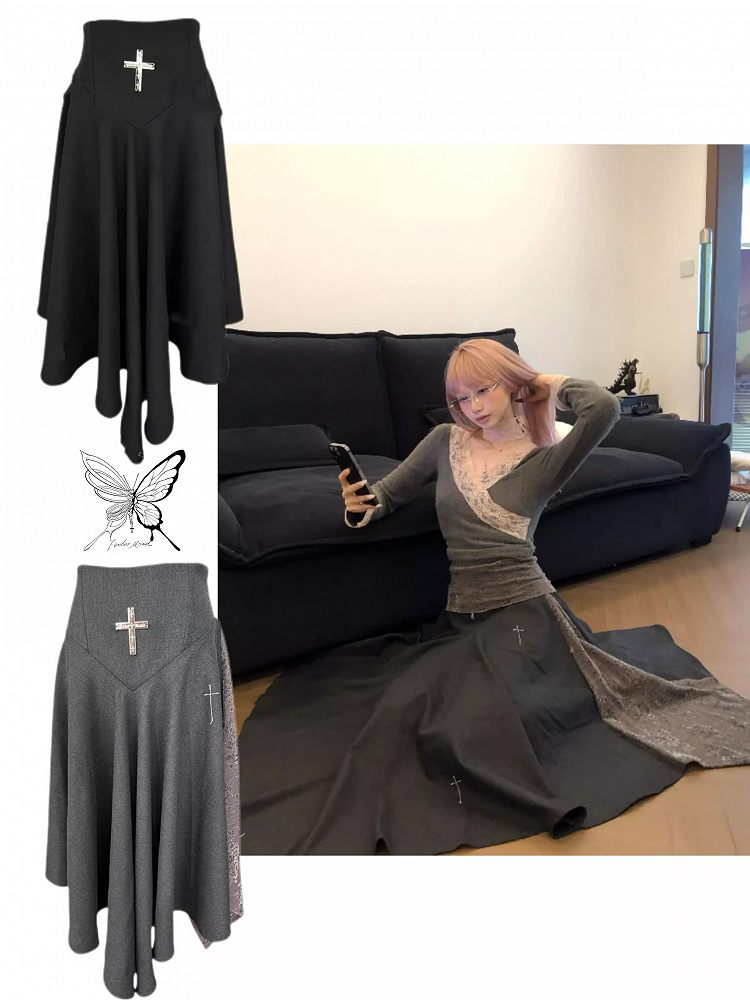 Black/Dark Gray Gothic Lace Embroidered Ankle-Length Skirt with Cross Stitch Detailing