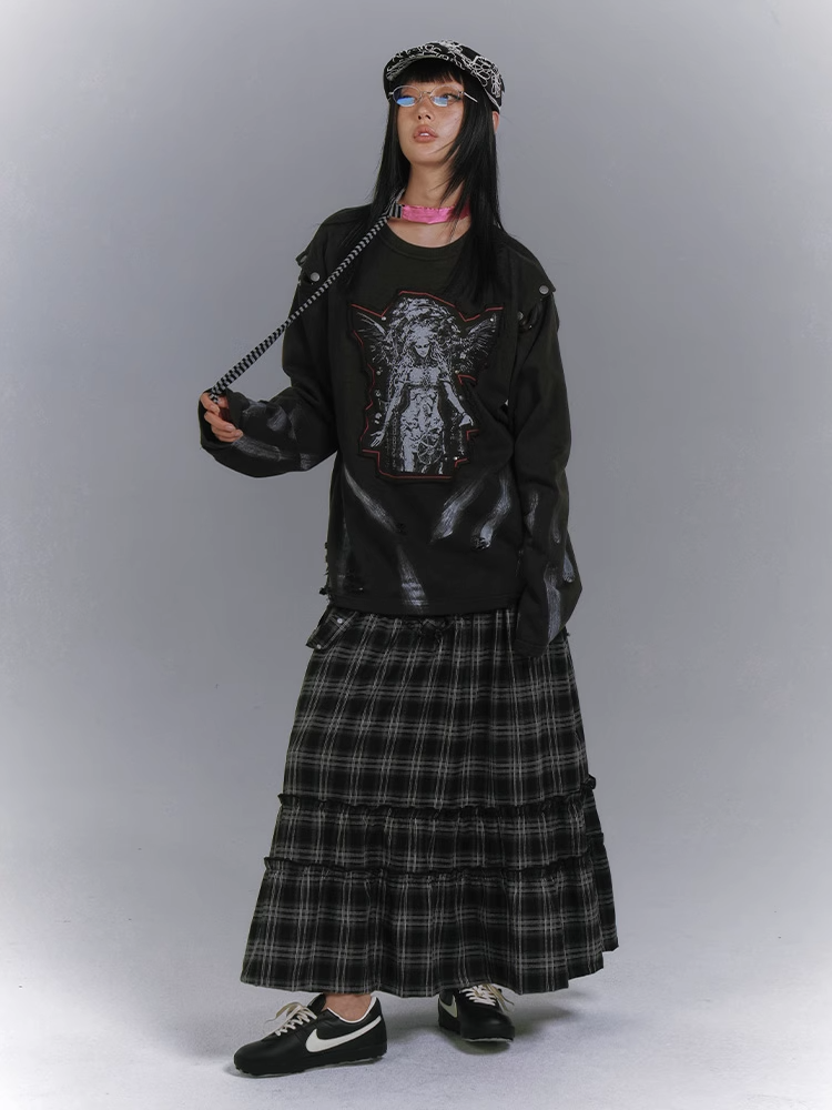 Applique Design Black Cutout Shoulder Faded Wash Distressed Sweatshirt