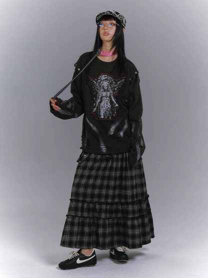 Applique Design Black Cutout Shoulder Faded Wash Distressed Sweatshirt