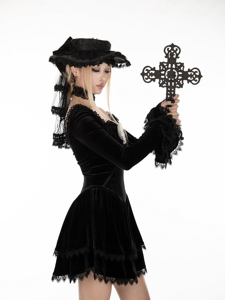 Gothic Black Velvet Off-the-shoulder Neckline Bell Sleeves Dress