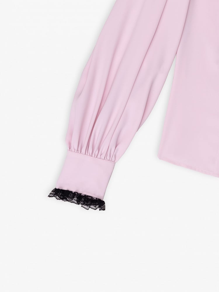 Pink Sweetheart Jirai Kei Blouse with Black Lace Trim and Free Bowtie