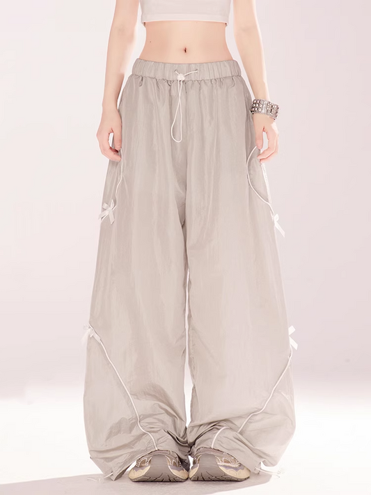 Gray Drawstring Waist and Cuffs Bowknot Details Wide-leg Casual Pants
