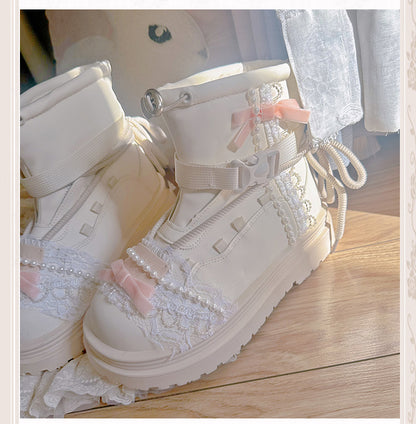 Beige Bow at Top Lace Beaded Chain Ankle Boots