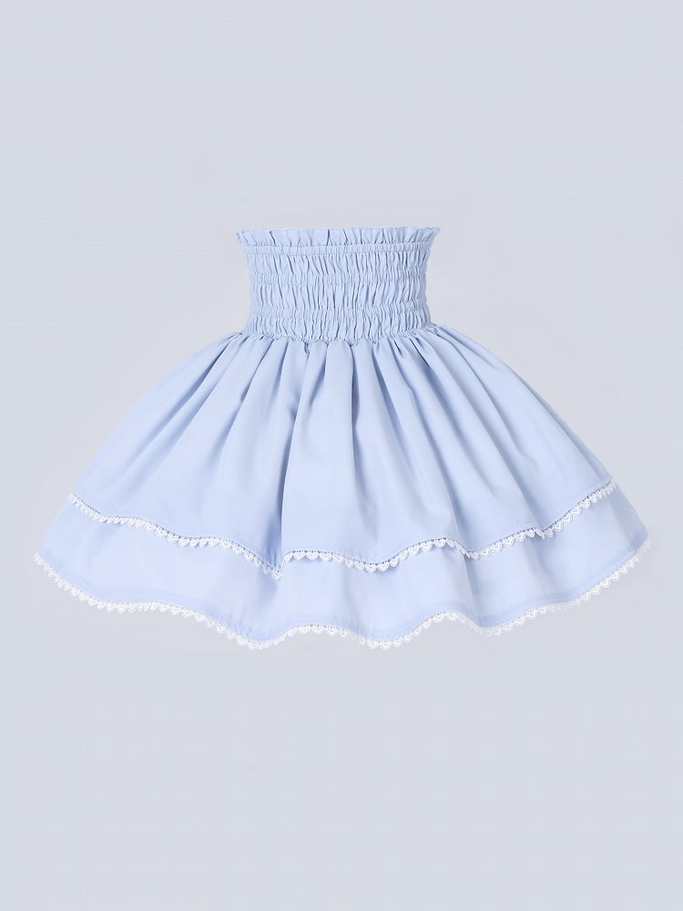 Baby Blue Jirai Kei Pompom Bows Adorned High Waist Skirt Smocked Elastic Back Waist