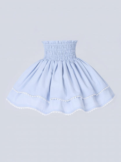 Baby Blue Jirai Kei Pompom Bows Adorned High Waist Skirt Smocked Elastic Back Waist