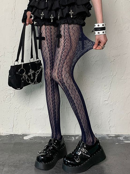Gyaru Fashion Navy Blue Hollow-out Design Y2K Tights