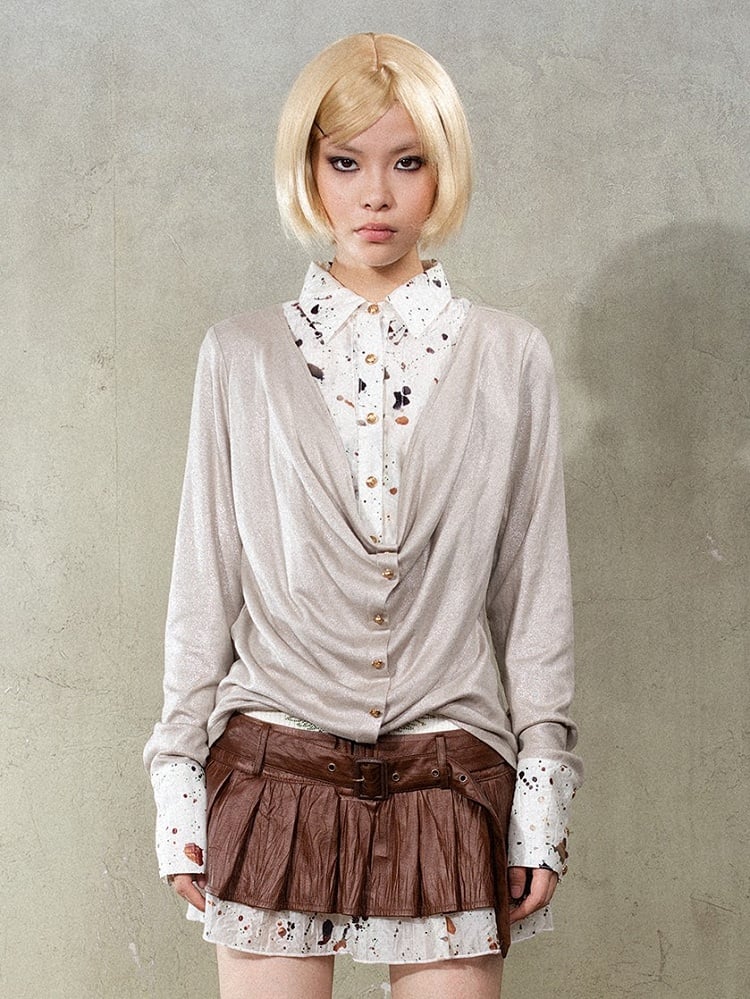 White Y2K Punk Rock Faux Two-Piece Shirt with Splatter Print