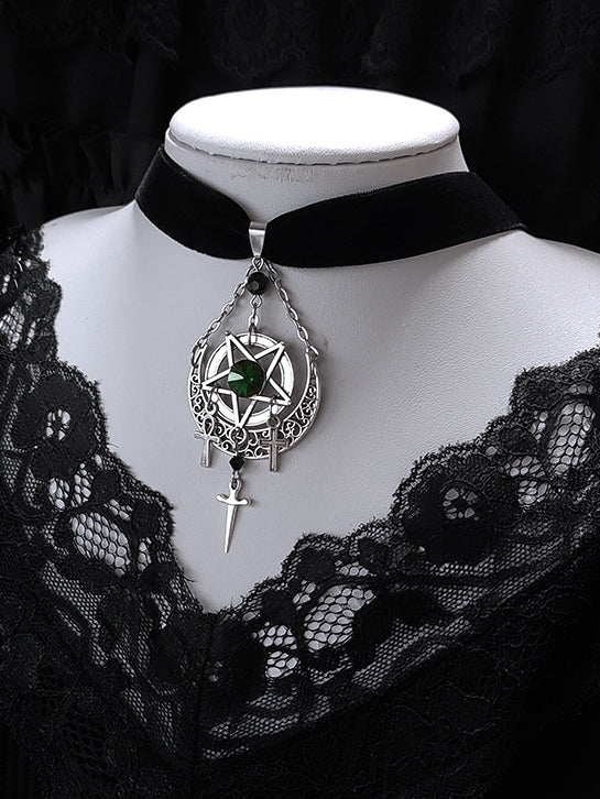Gothic Pentagram and Crosses Black Punk Velvet Choker
