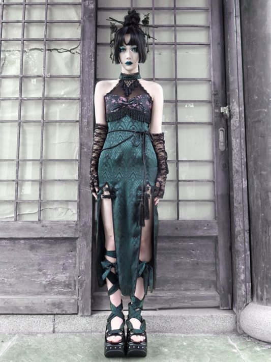 Clearance-Size S for Bust 85CM Desire of the Snake Stand Collar Double Slit Hem Qi Dress