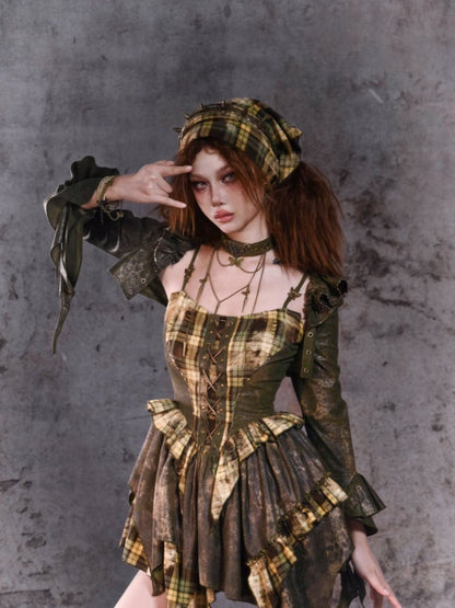 Green Plaid Handkerchief Hem Cami Dress with Lace-up Detail at Front