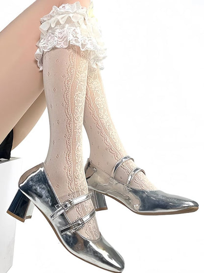Beige Beaded And Wings Decorated Bowknot Lace Trim Lolita Under-Knee Stockings