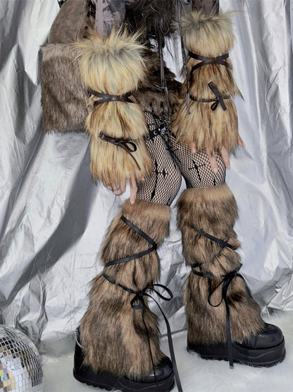 2 Options Yellow&Black Self-tie Strap Shaggy Plush Arm/Leg Warmers