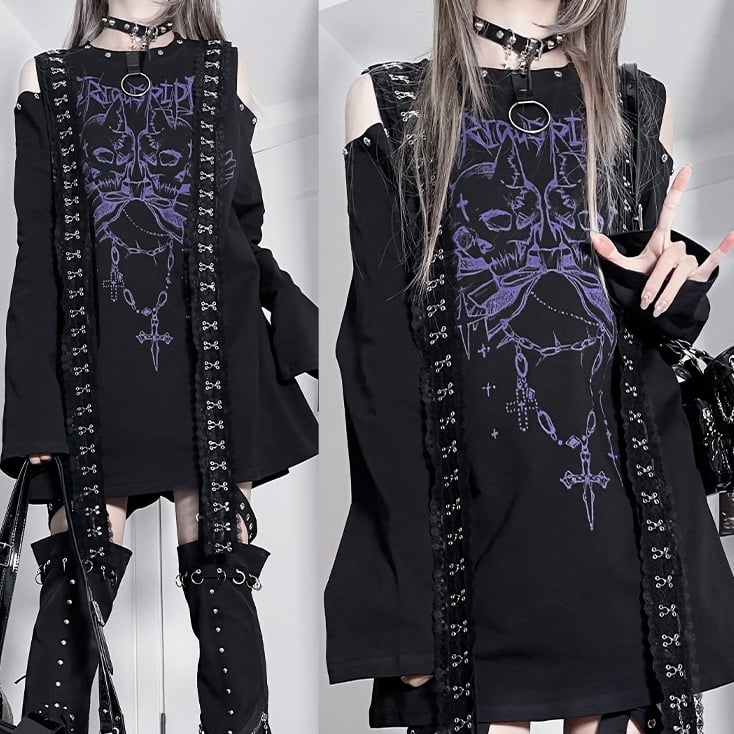 Black&Purple Emo Punk Cutout Shoulder Skeleton And Letter Print Long Sleeves Top