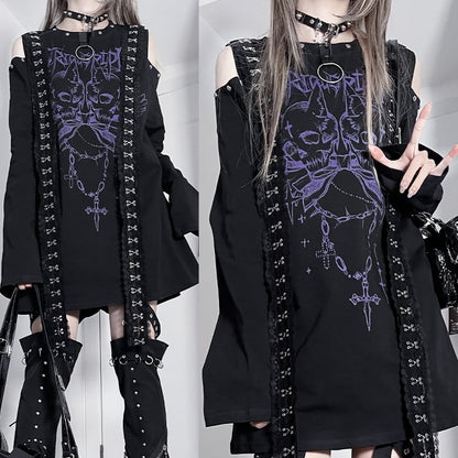 Black&Purple Emo Punk Cutout Shoulder Skeleton And Letter Print Long Sleeves Top