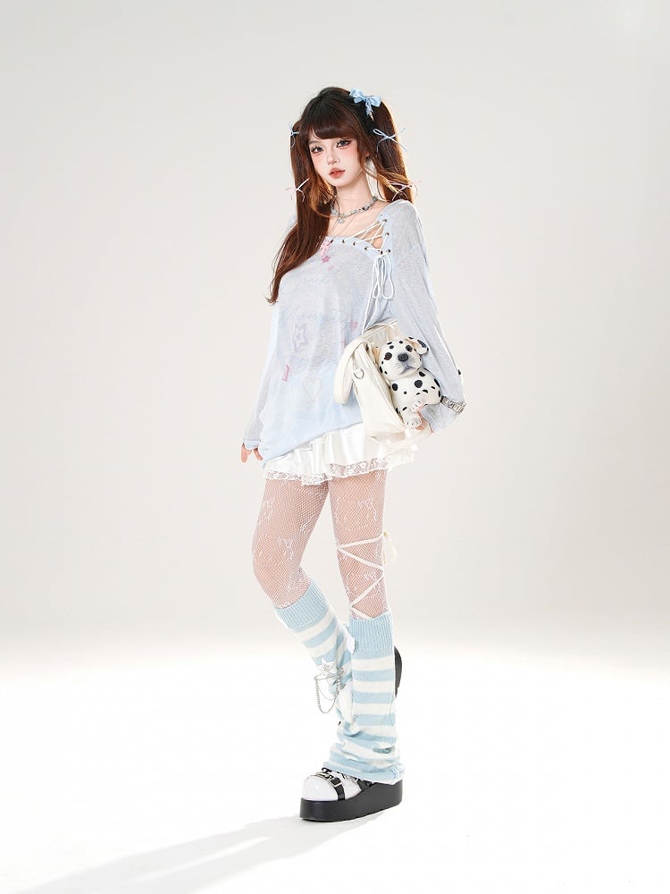 Lace-up Asymmetrical Neckline Blue/White Semi-sheer Coverup