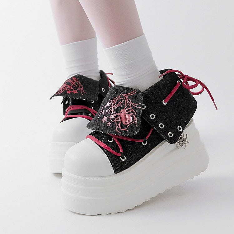 Black & Red Punk Spider Print Platform Sneakers