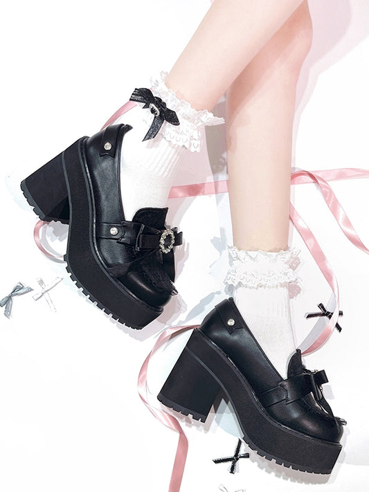 Matte Black Rhinestones Bow Accents Jirai Kei Platform Loafers