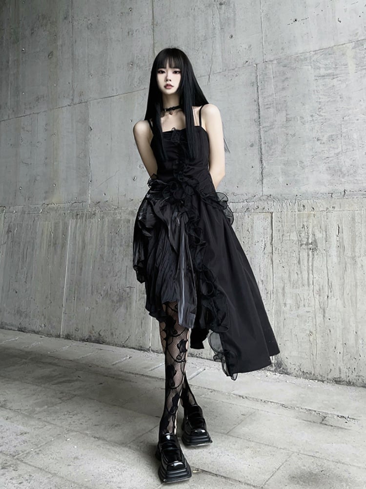 Black Asymmetrical Hem Flounce Trim Glamorous Cami Dress