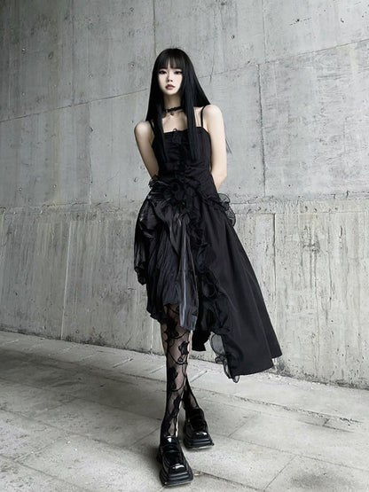Black Asymmetrical Hem Flounce Trim Glamorous Cami Dress